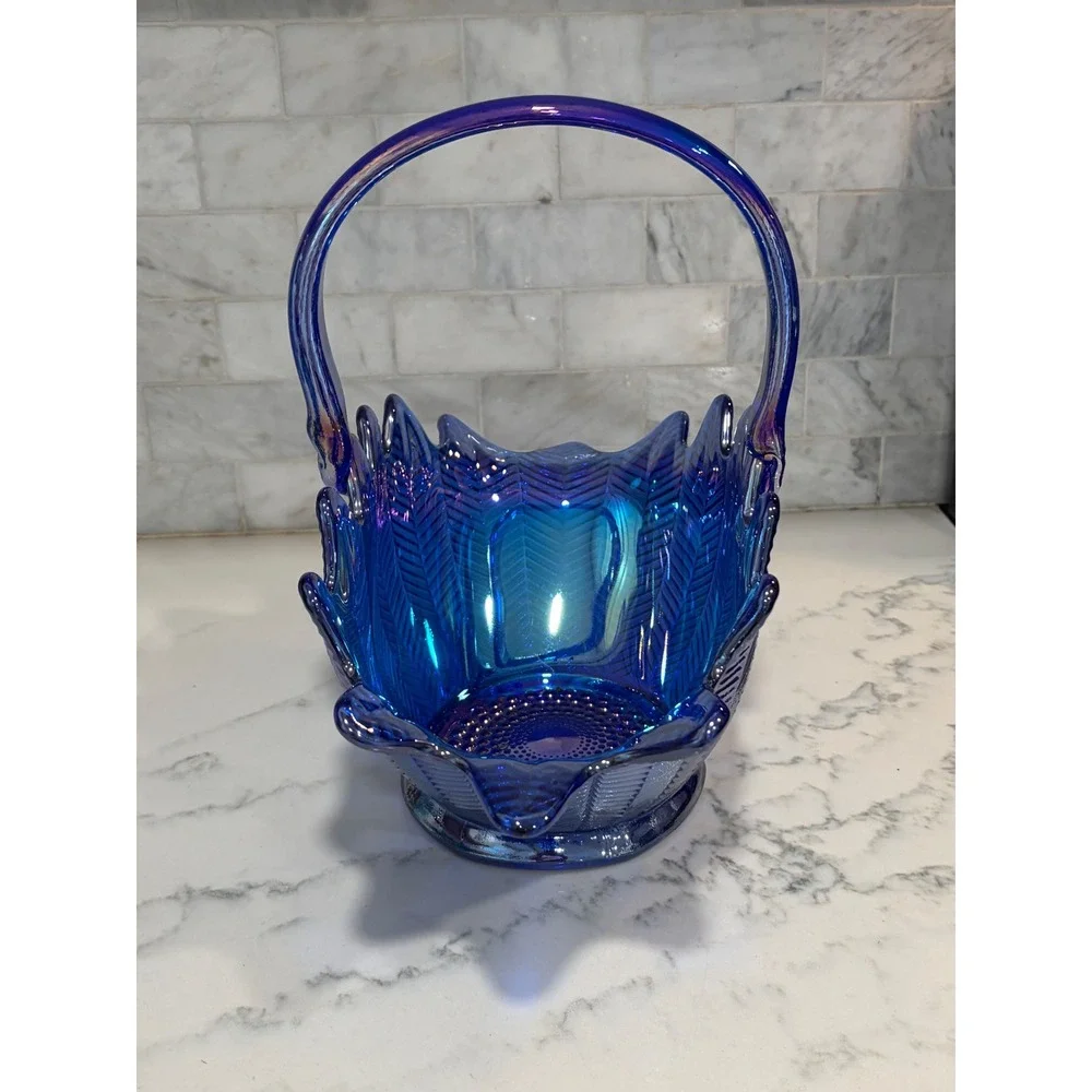 Vintage Cobalt Blue Carnival Glass Basket Iridescent Herringbone Pattern Decor